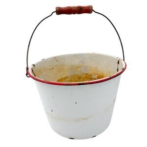 vintage white Enamel Bucket red trim & handle enamelware large size pail